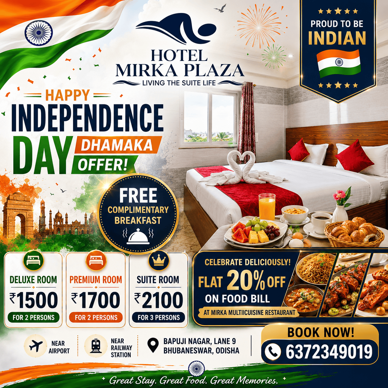hotel in bhubaneswar, hotel near airport bhubaneswar, hotel near railway station, hotel mirka plaza, independence day hotel offer, complimentary breakfast hotel, hotel offers bhubaneswar, premium hotel bhubaneswar, family hotel, restaurant offer, mirka multicuisine restaurant, staycation bhubaneswar, hotel near railway station bhubaneswar